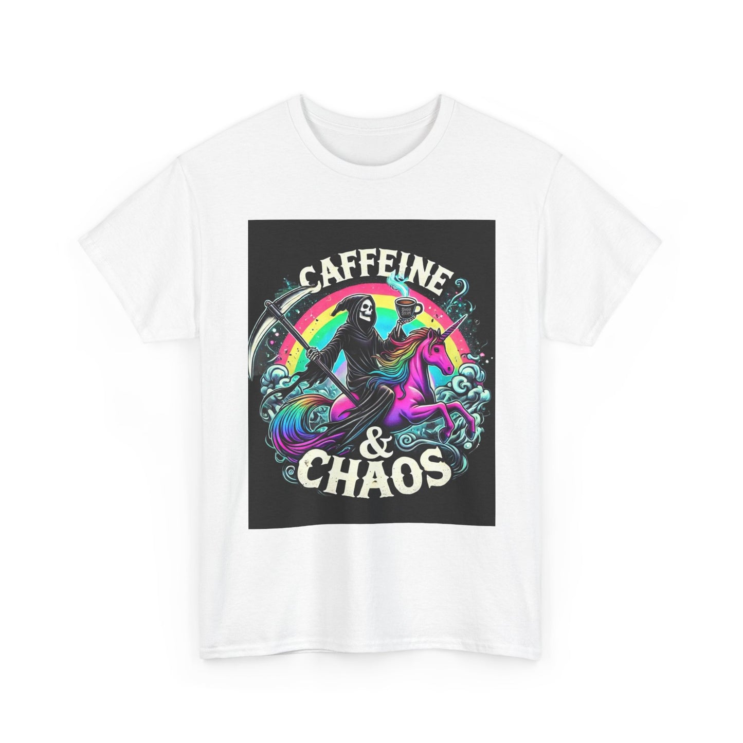 Caffeine & Chaos Tee — Grim Reaper Riding Unicorn Retro Graphic T‑Shirt
