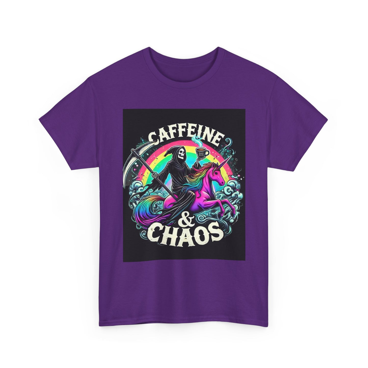 Caffeine & Chaos Tee — Grim Reaper Riding Unicorn Retro Graphic T‑Shirt