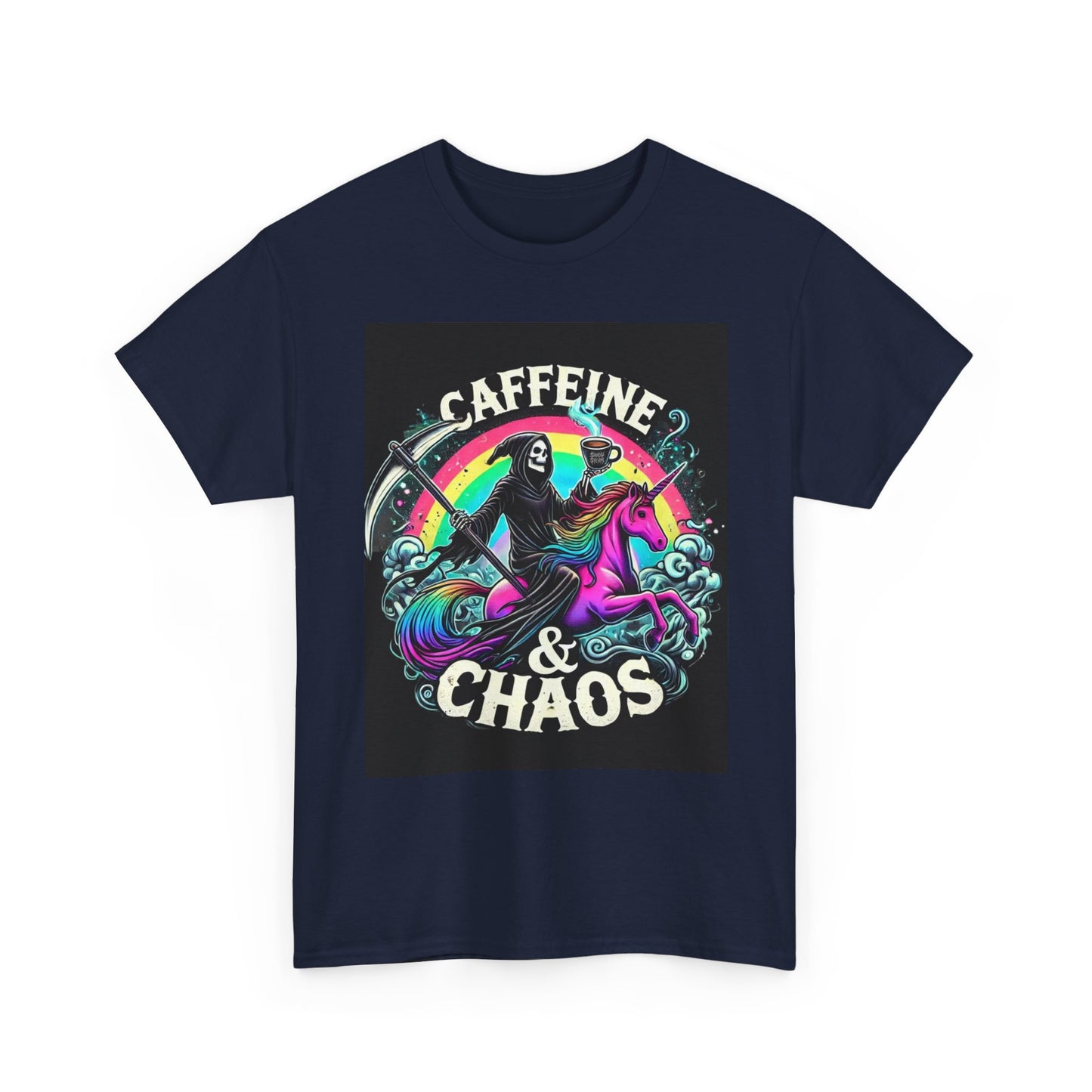 Caffeine & Chaos Tee — Grim Reaper Riding Unicorn Retro Graphic T‑Shirt