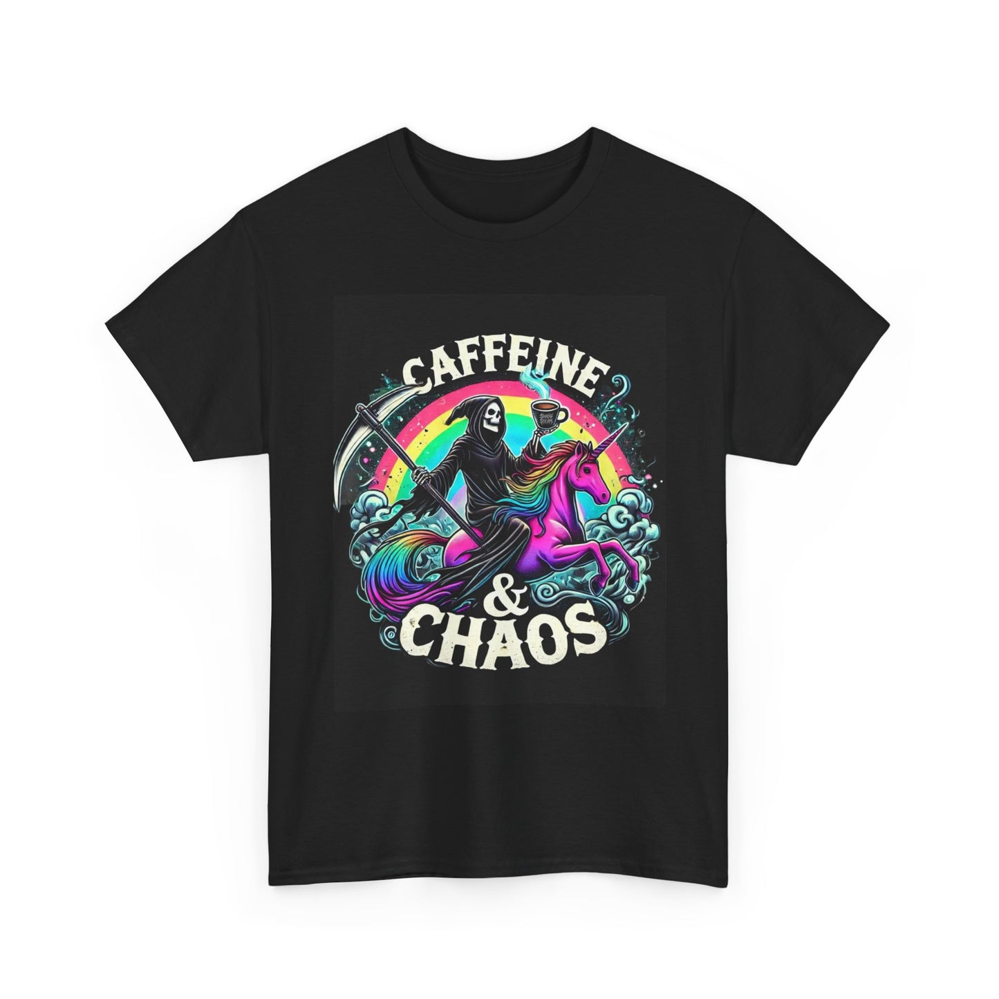 Caffeine & Chaos Tee — Grim Reaper Riding Unicorn Retro Graphic T‑Shirt