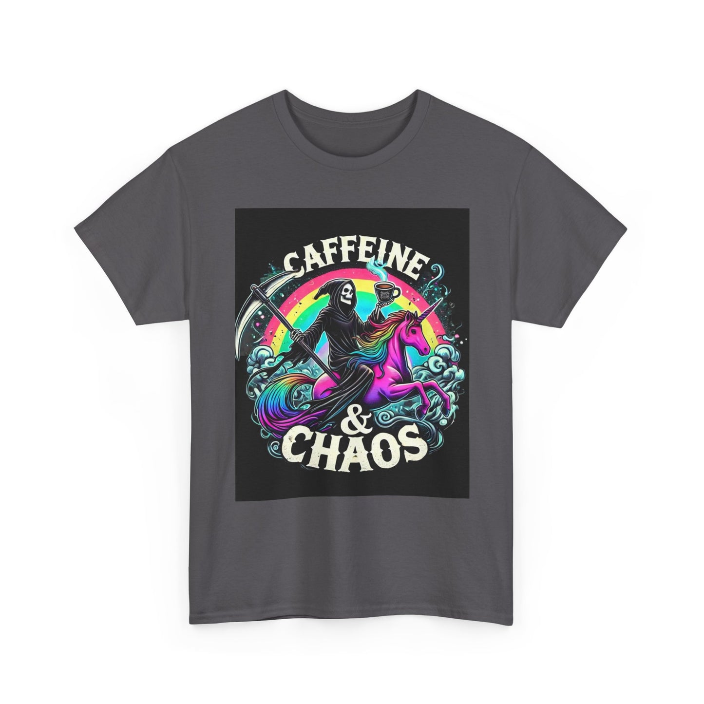 Caffeine & Chaos Tee — Grim Reaper Riding Unicorn Retro Graphic T‑Shirt