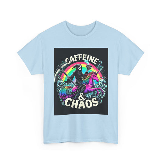 Caffeine & Chaos Tee — Grim Reaper Riding Unicorn Retro Graphic T‑Shirt
