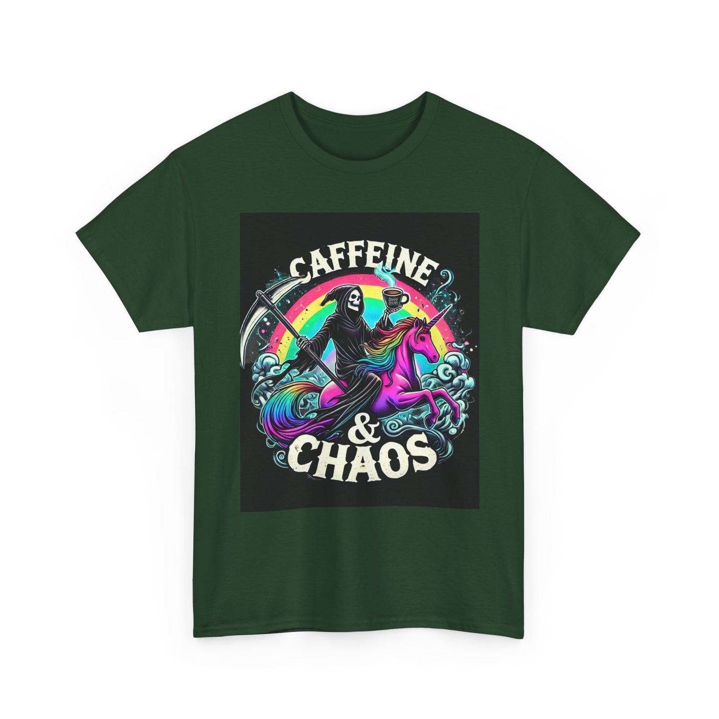 Caffeine & Chaos Tee — Grim Reaper Riding Unicorn Retro Graphic T‑Shirt